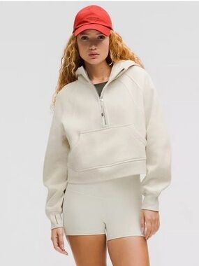 LULULEMON SCUBA OVERSIZED HALF-ZIP  CROPPED BOXY HOODIE HEATHERED BONEGOLD SzM/L